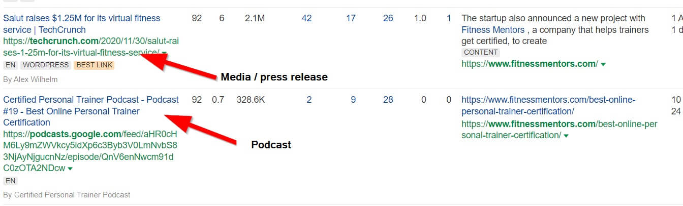 Segment de profil de backlink avec couverture médiatique et mentions de podcast incluant des hyperliens.