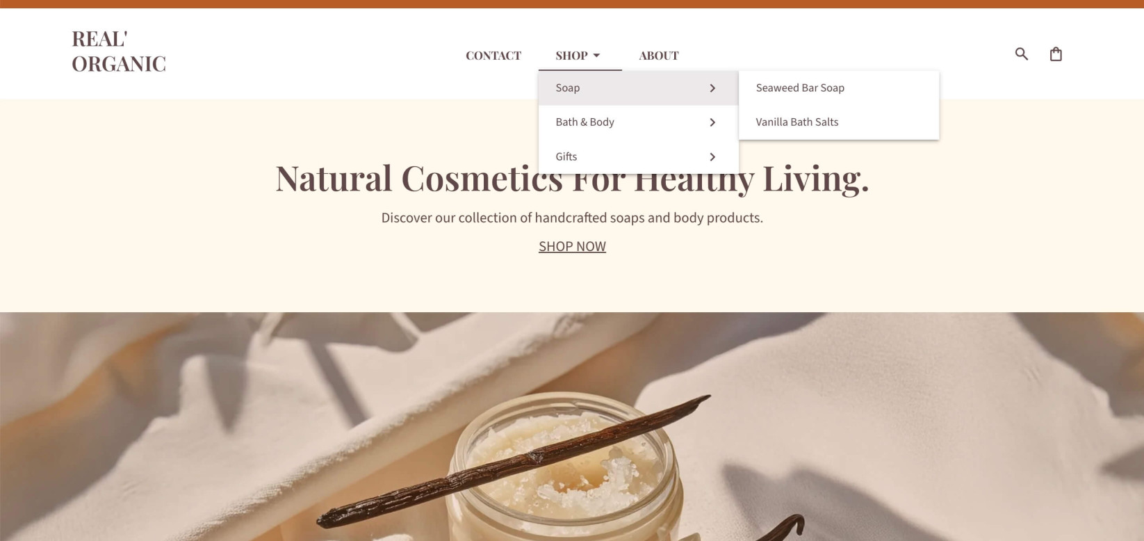 A drop-down menu in Website Builder displaying an expanded menu item with its submenus
