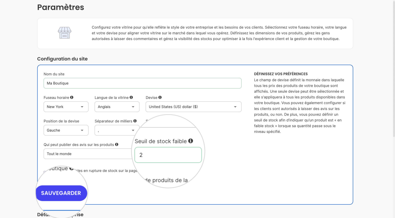 Définition et enregistrement d'un seuil de stock bas dans SiteGround Ecommerce