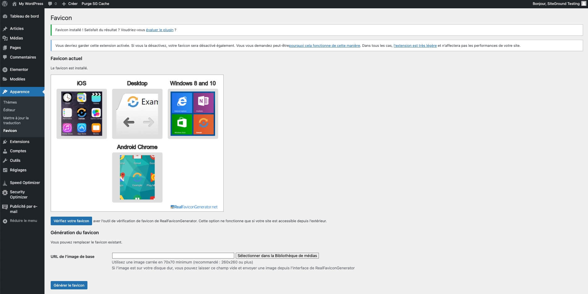 Capture d'écran montrant le message Favicon installé avec succès par le plugin RealFaviconGenerator