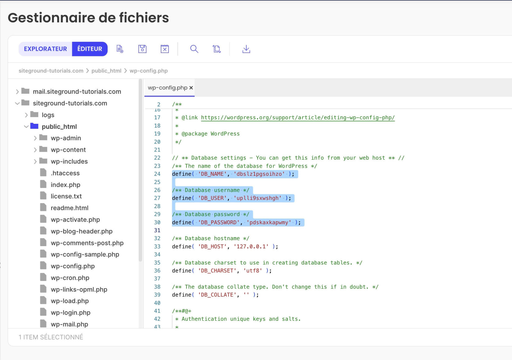 Paramètres de la base de données dans le fichier wp-config.php de WordPress