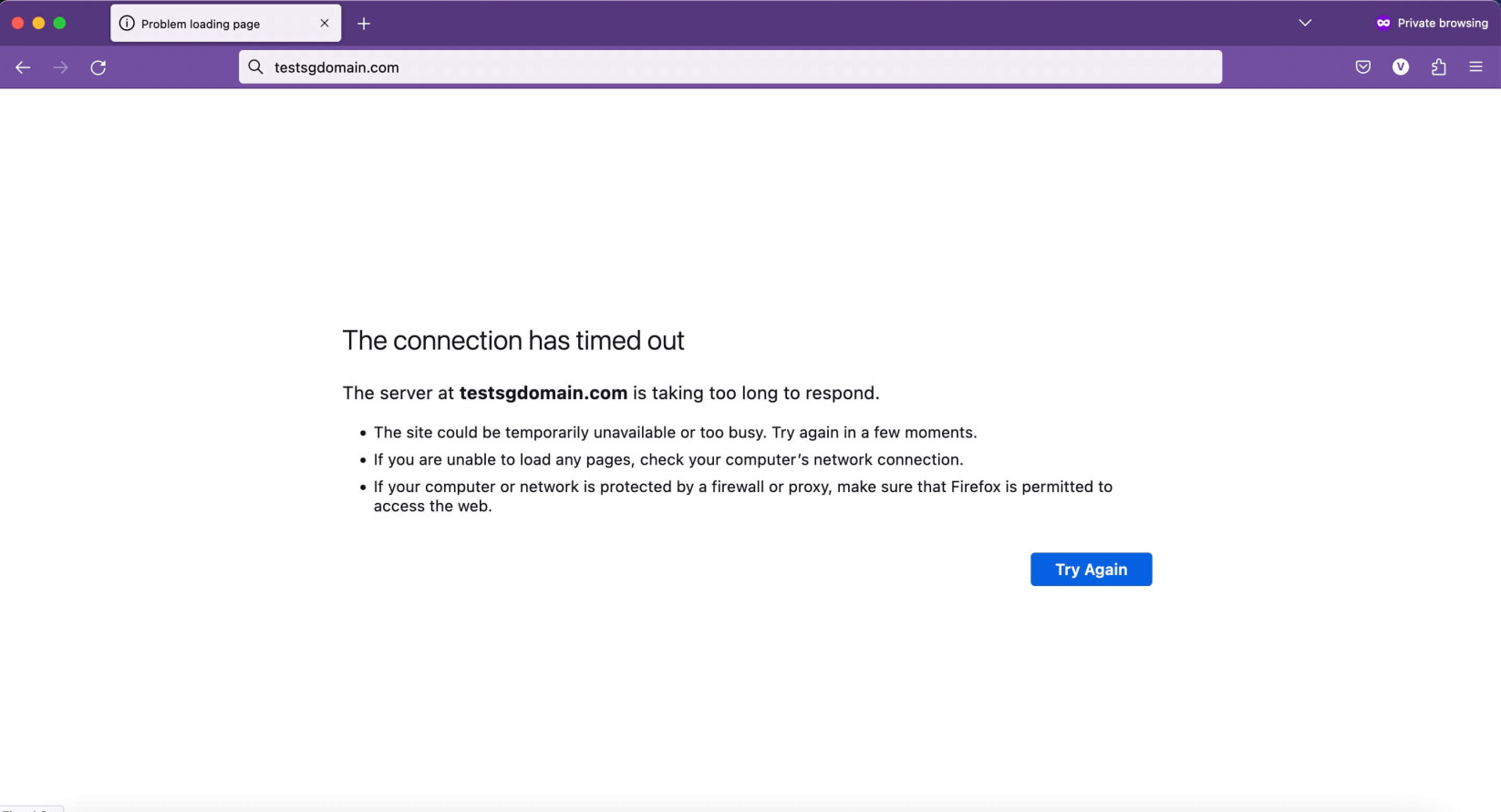 Capture d'écran de « La connexion a expiré, le serveur a mis trop de temps à répondre » dans Mozilla Firefox