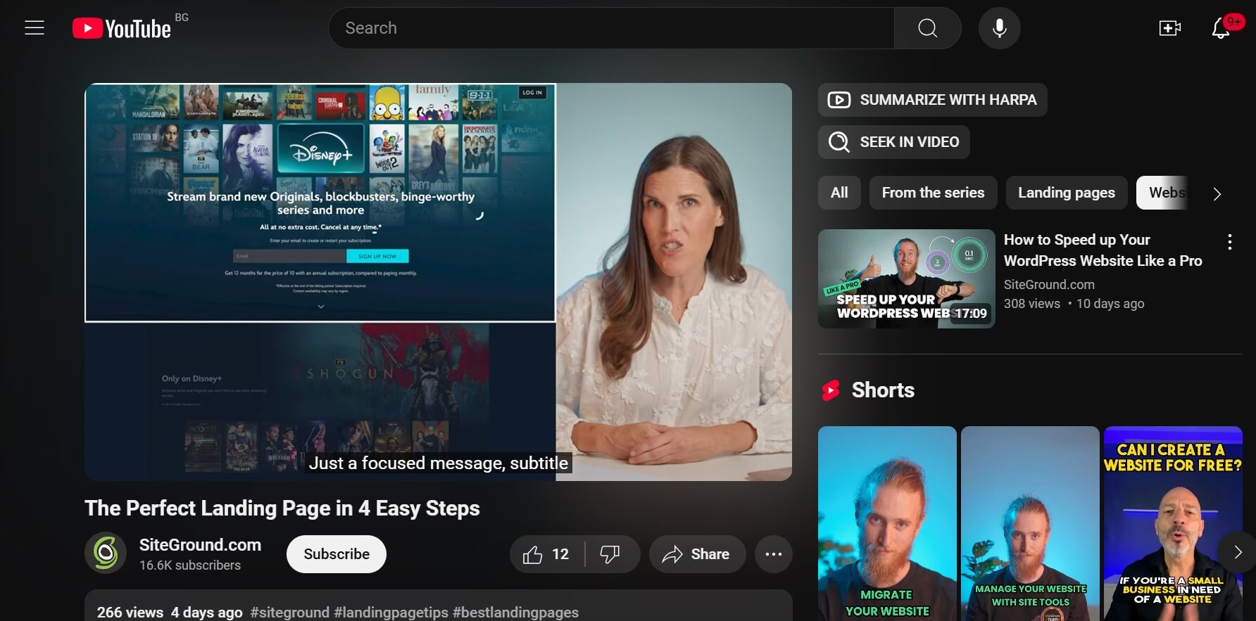 Capture d'écran mettant en évidence le contenu dynamique du flux YouTube de SiteGround