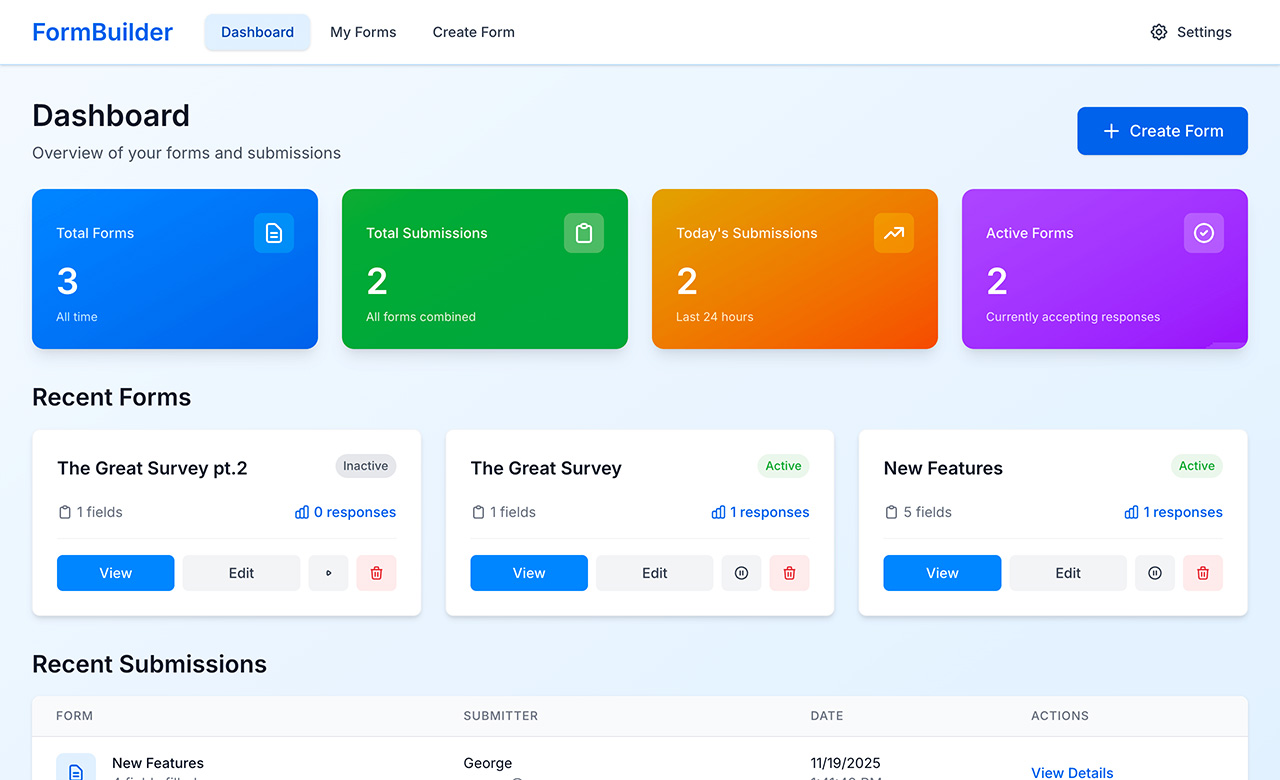 form builder - drag-and-drop form editor with preview, submissions, and styling options