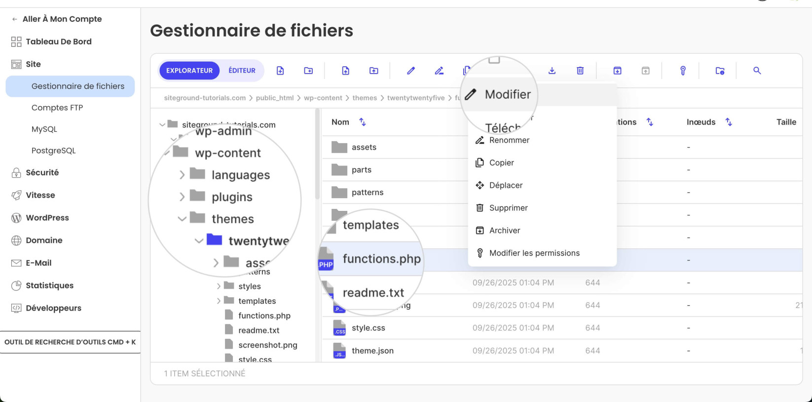 Capture d'écran montrant comment trouver le dossier wp-content depuis le Gestionnaire de Fichiers 