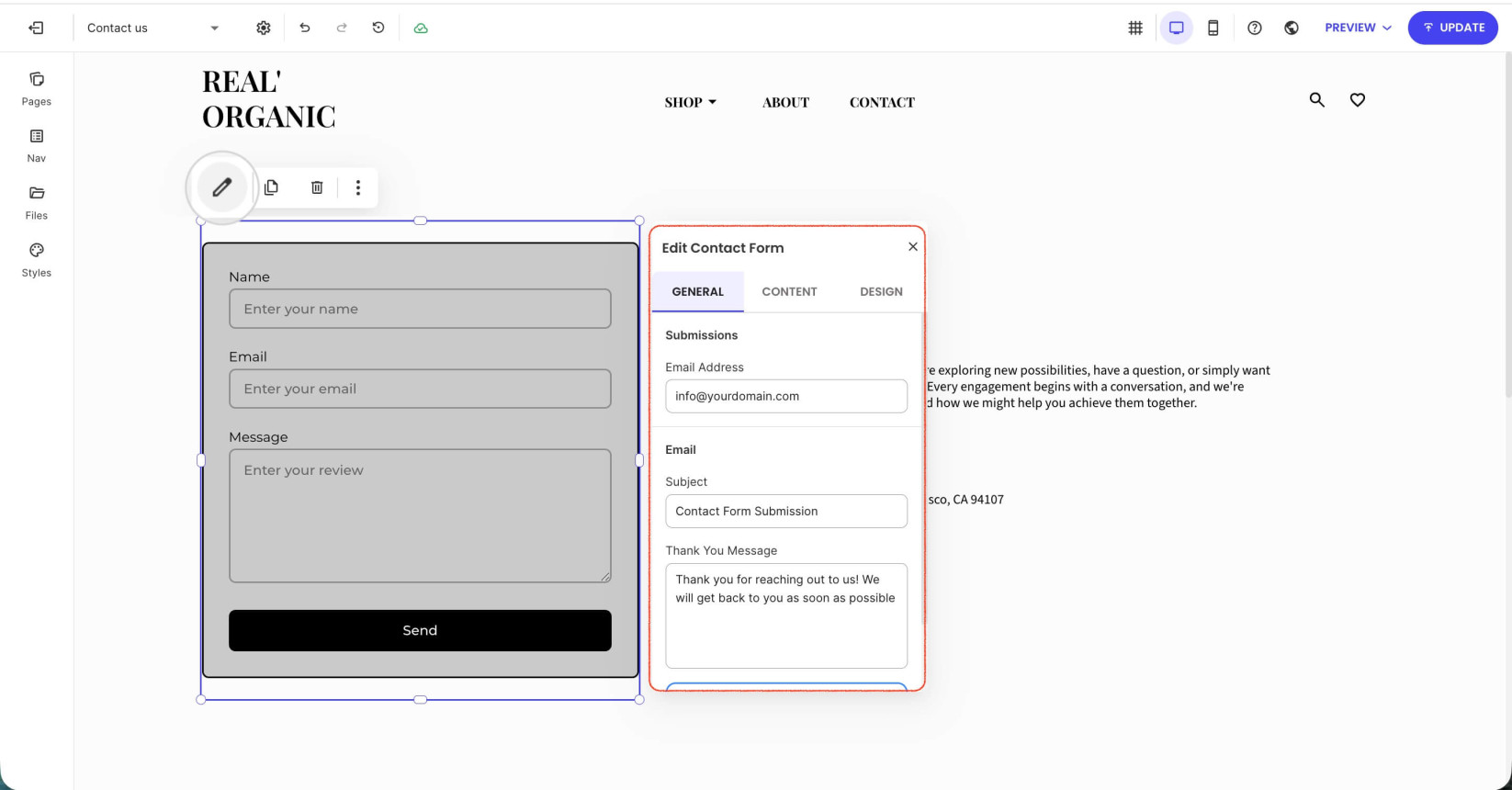 A contact form component where the Edit icon from its toolbar is selected and the Settings window appears on the right with an open General tab