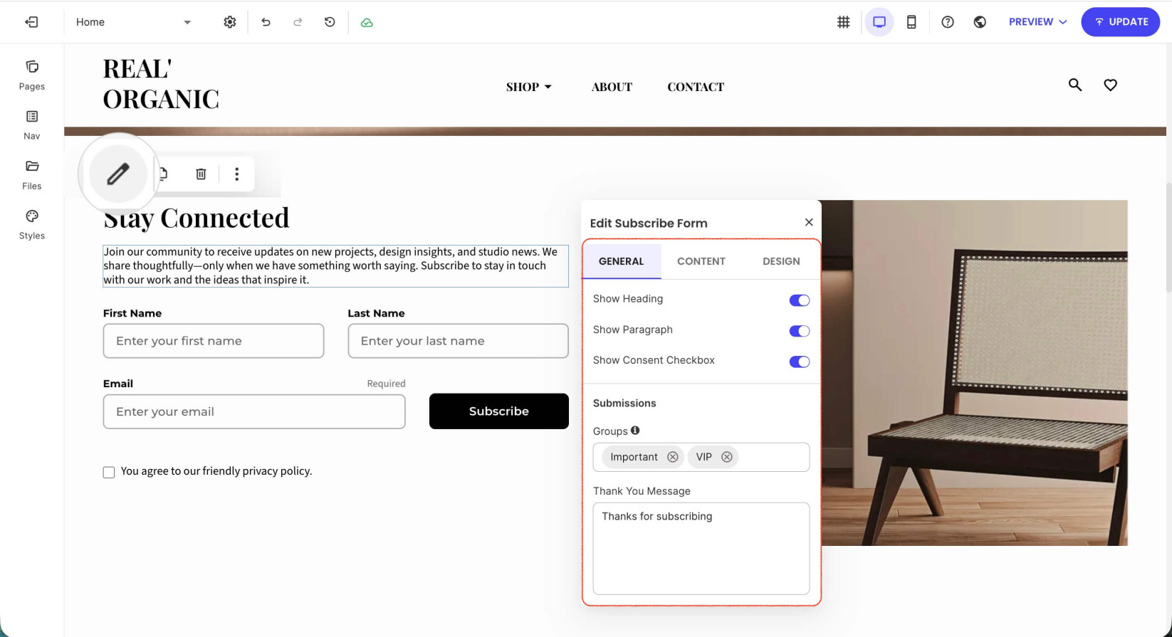 A subscription form on a page in Website Builder displaying the General settings options