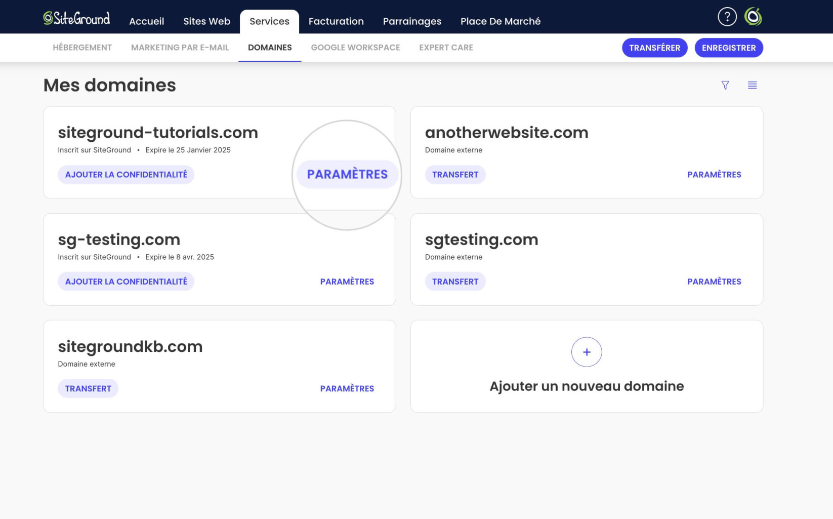 Paramètres du domaine dans l’Espace Client SiteGround 