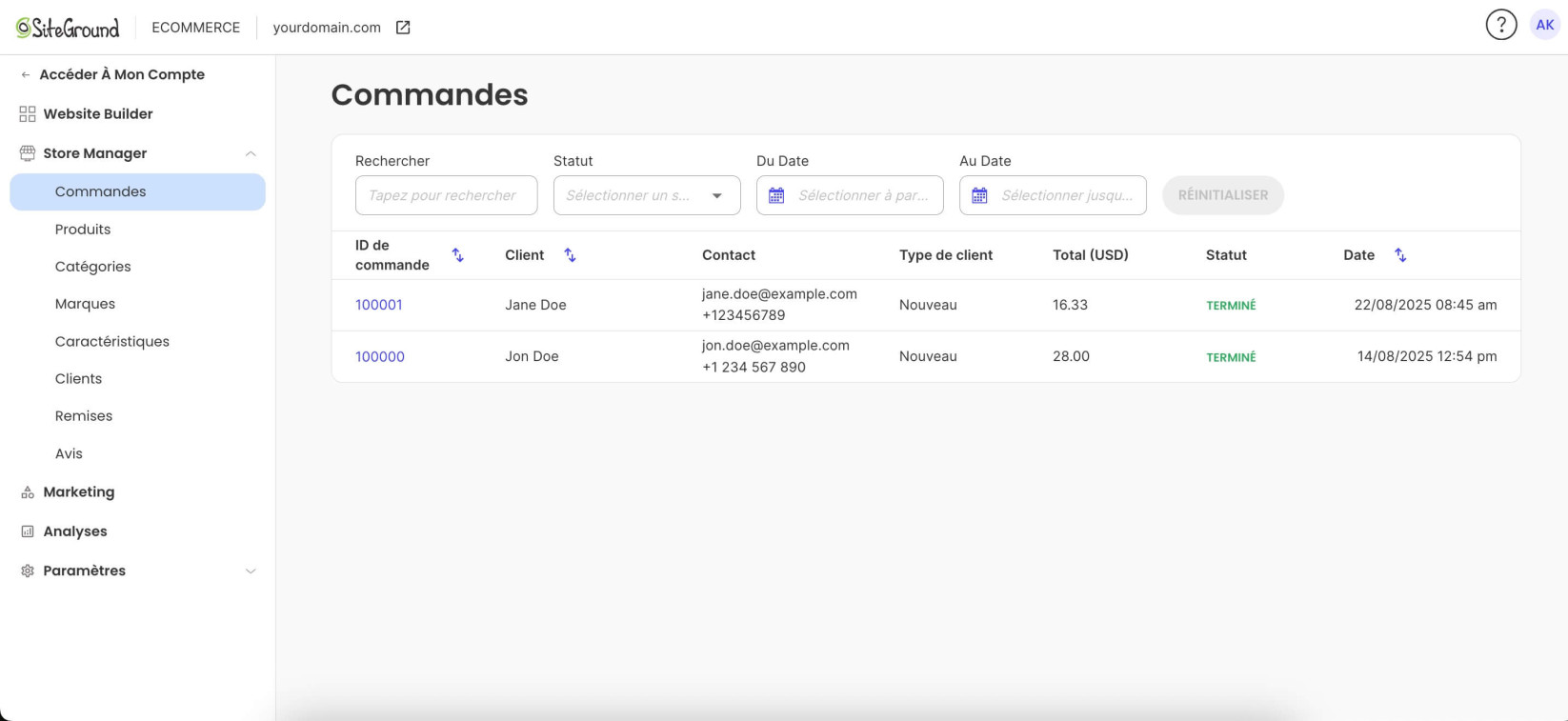 Interface du Store Manager affichant une liste de commandes clients avec des colonnes pour des détails tels que le nom, la date et le statut.