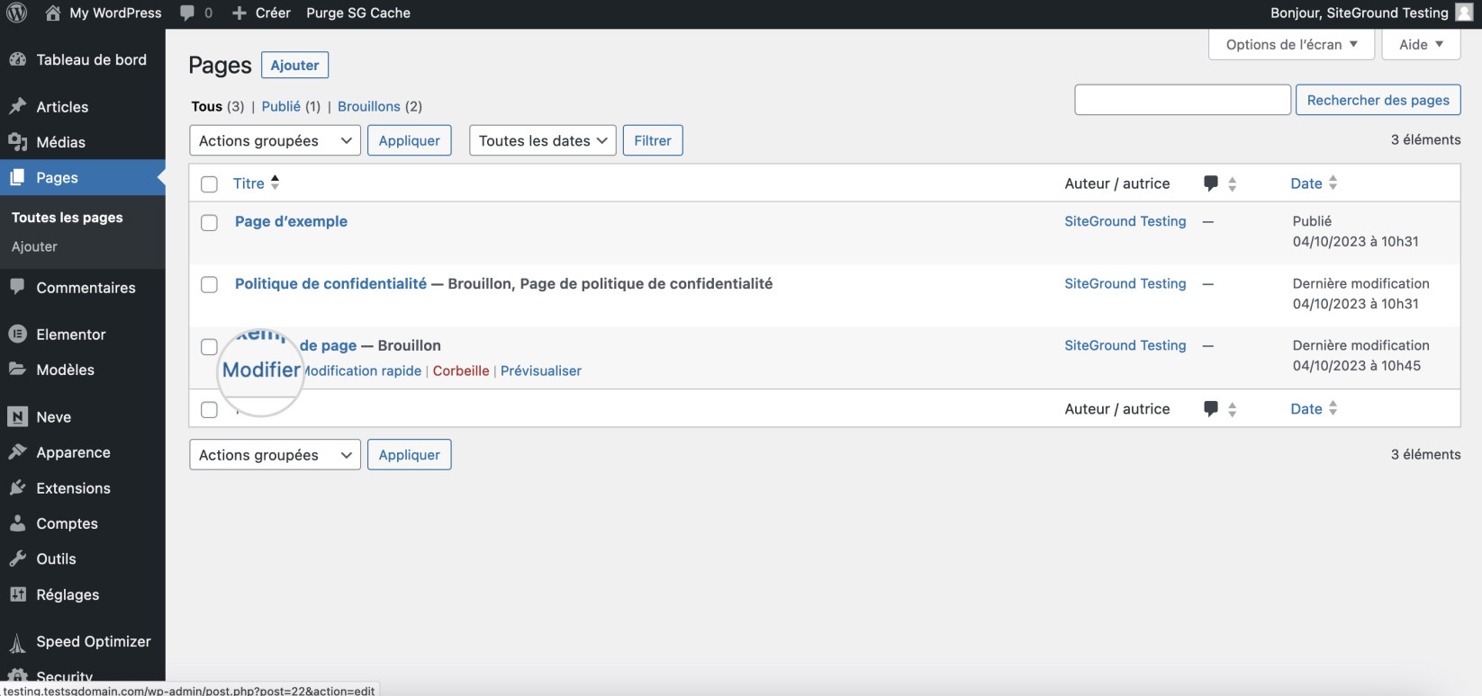 Capture d'écran montrant comment modifier une page avec Gutenberg