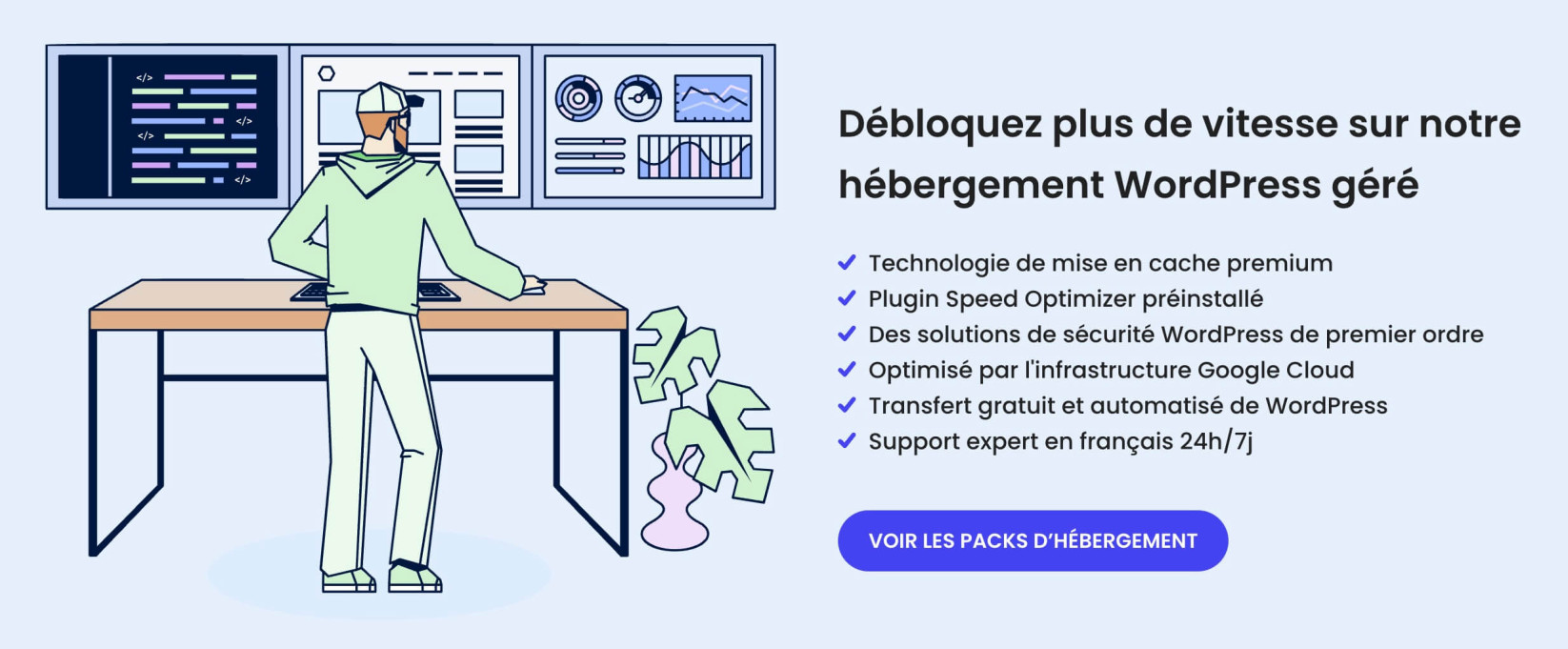 Une bannière publicitaire pour les plans d'hébergement géré de SiteGround, listant les caractéristiques clés telles que la technologie de mise en cache premium, des solutions de sécurité de premier ordre et un support expert.