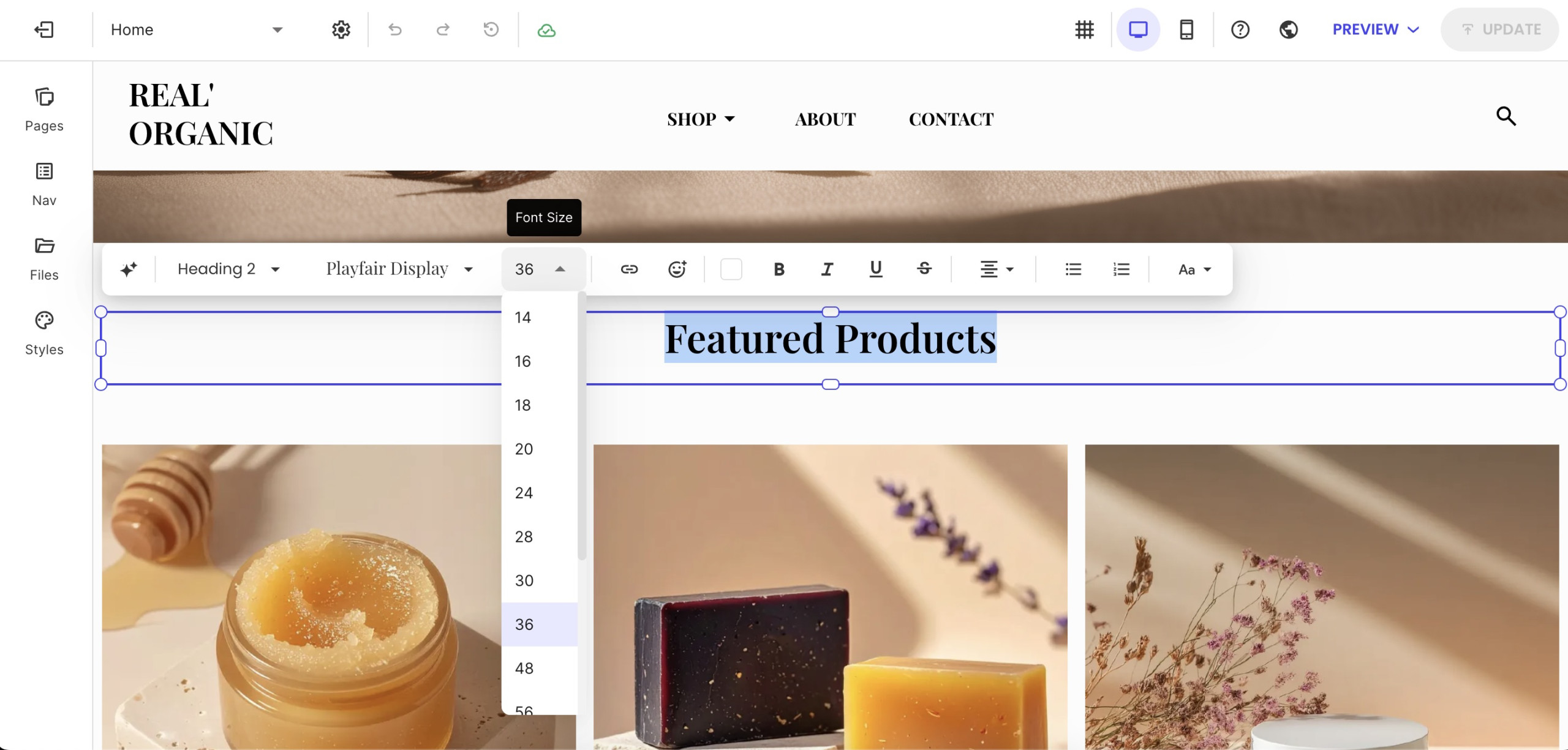 Screenshot of a text selection highlight in SiteGround Website Builder, with a zoom on the option to change font. 