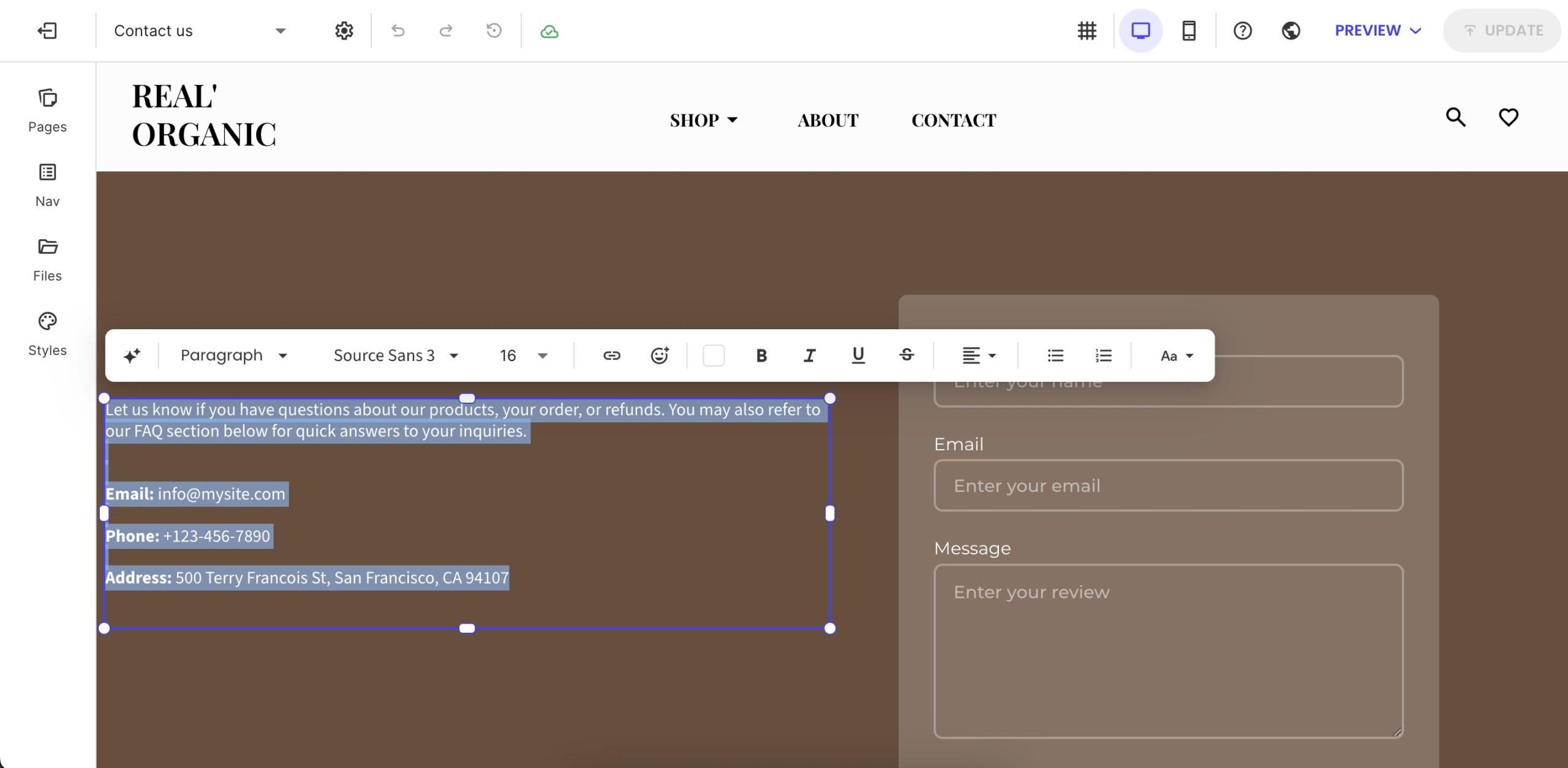 Screenshot showing a text highlight and formatting options in SiteGround Website Builder.