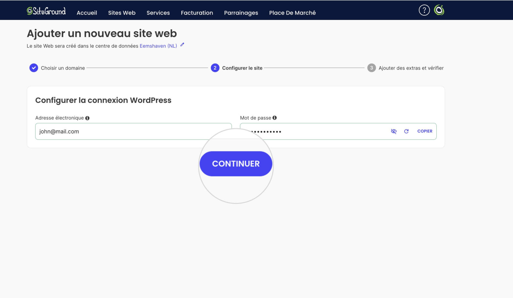 Assistant de nouveau site web pour WordPress montrant la configuration des identifiants de connexion