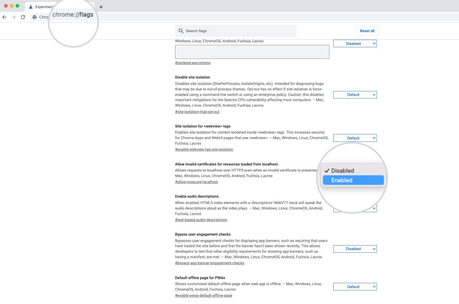 Utilisez le drapeau Chrome « Allow invalid certificates for resources loaded from localhost » pour ignorer l’avertissement de confidentialité