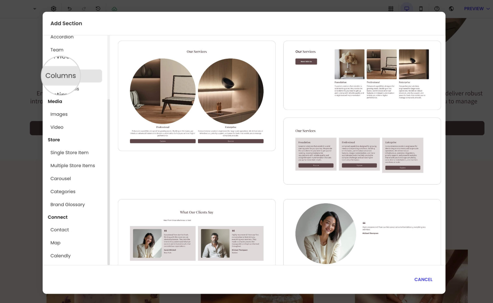 Add Component window with highlighted Columns category where you can choose a layout combining text and images