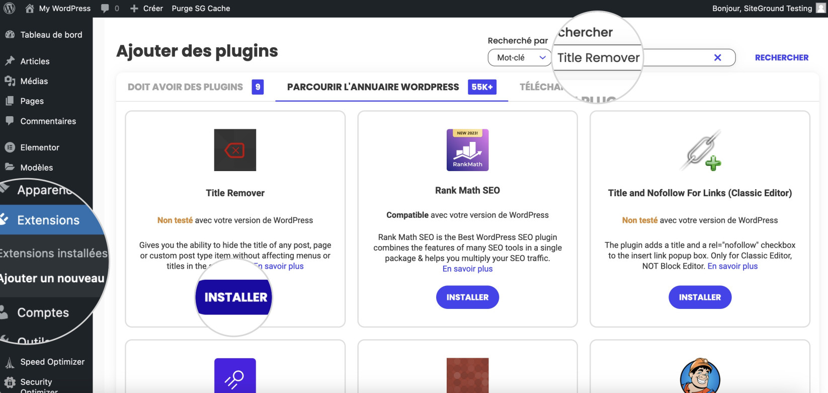 Capture d’écran montrant comment installer le plugin Title Remover dans WordPress