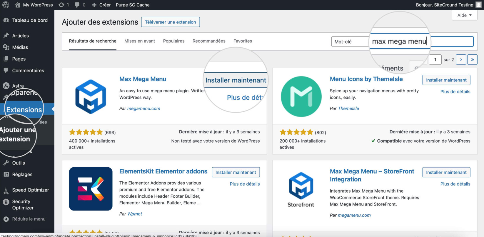 Capture d'écran montrant comment installer le plugin Max Mega Menu