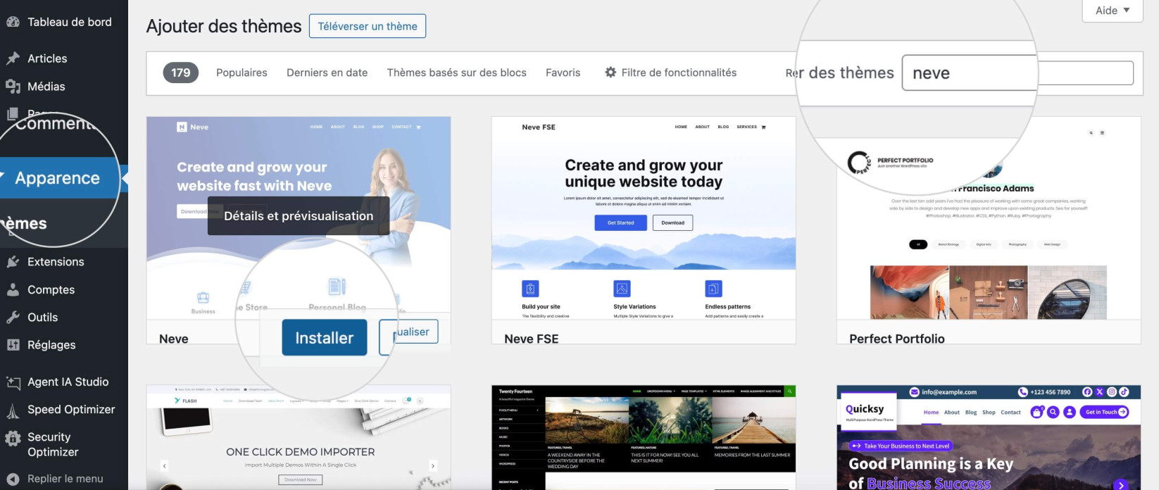 Écran Ajouter des thèmes dans WordPress avec une recherche du thème Neve et le bouton Installer mis en avant.