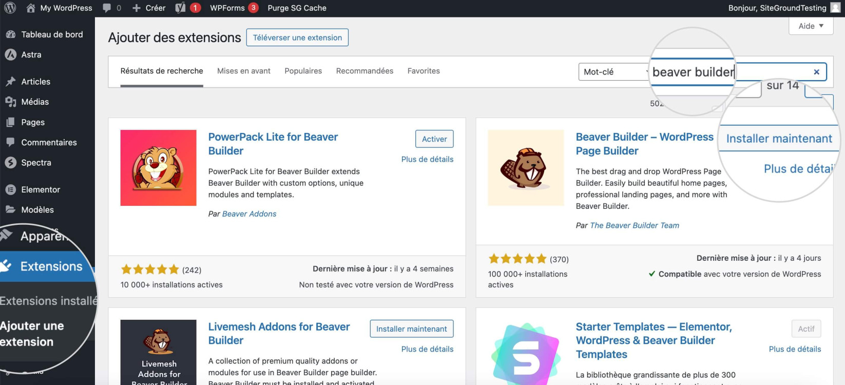 Capture d’écran montrant comment installer Beaver Builder pour modifier votre page d’accueil WordPress