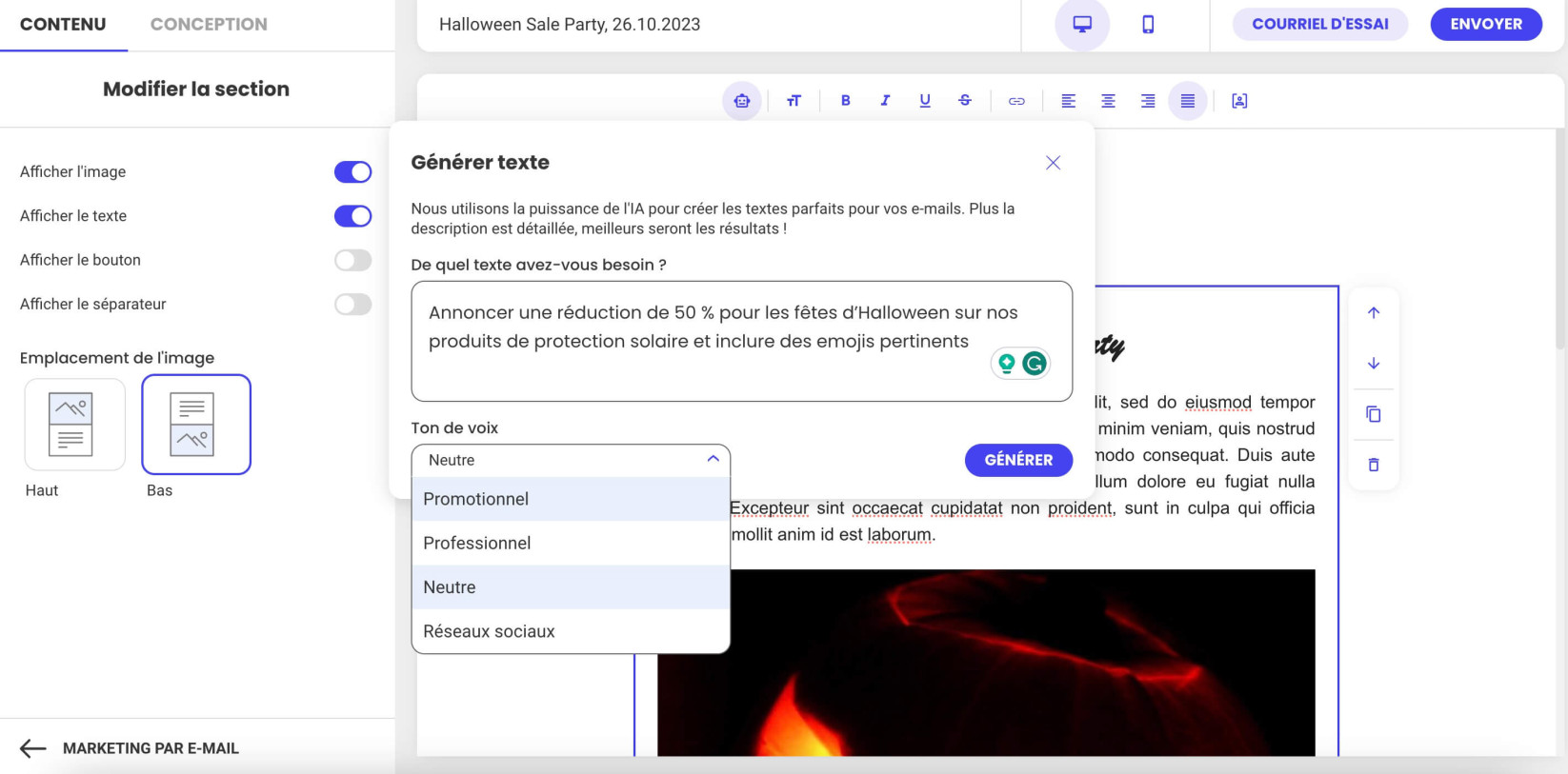 Capture d’écran montrant comment générer une invite dans le générateur de texte Ai et définir un ton de voix