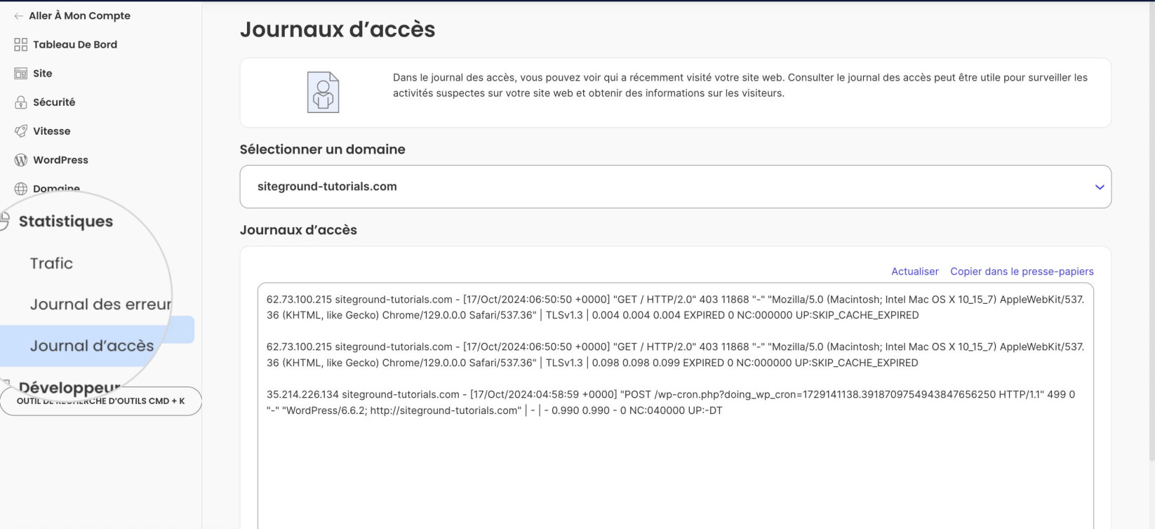 Journaux d'accès dans Site Tools