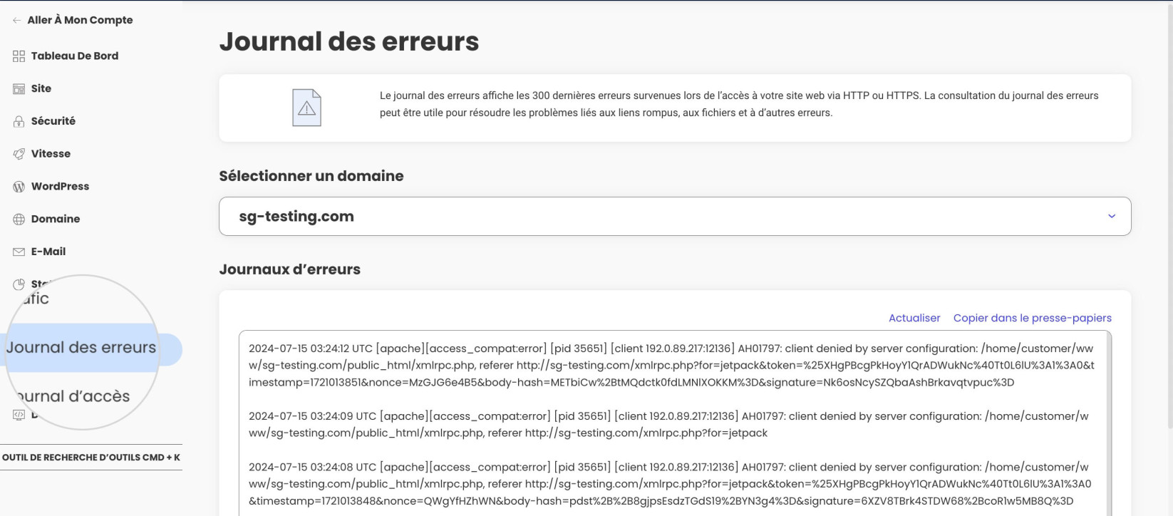 Journaux d’erreurs du serveur dans Site Tools