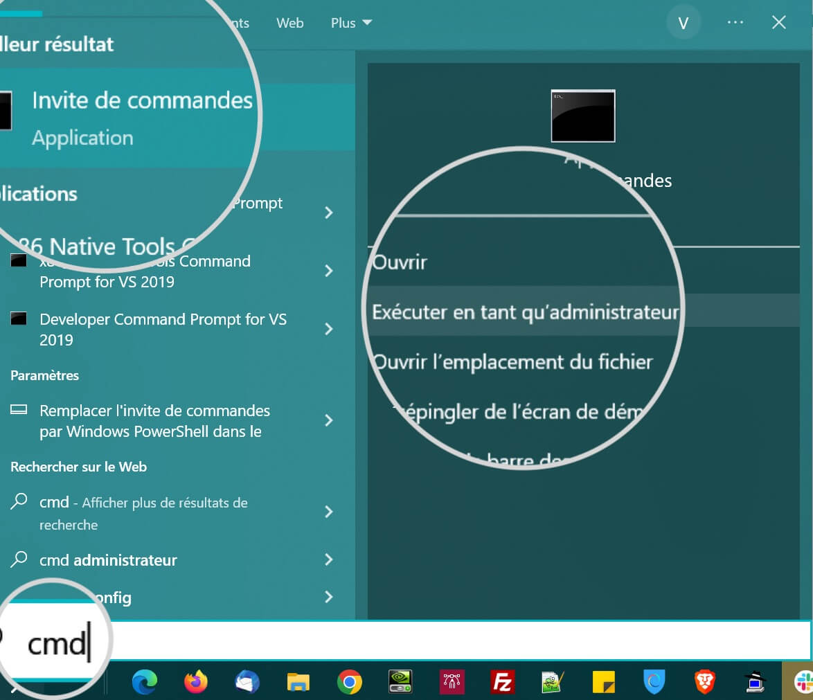 Capture d'écran de l'invite de commande dans le menu Rechercher de Windows