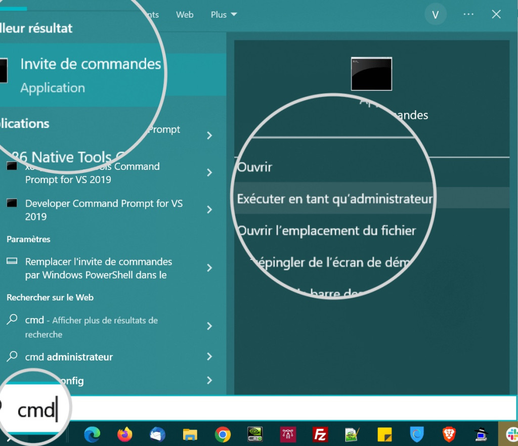 Capture d'écran montrant comment lancer l'invite de commande sous Windows en tant qu'administrateur