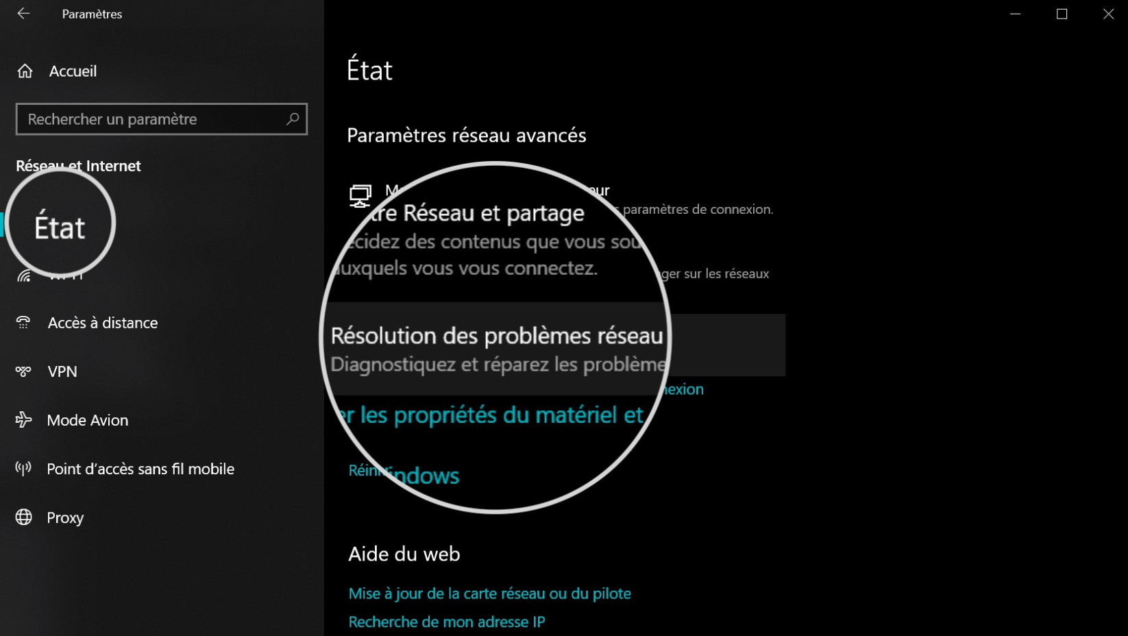 Capture d'écran montrant comment lancer l'utilitaire de résolution des problèmes réseau Windows