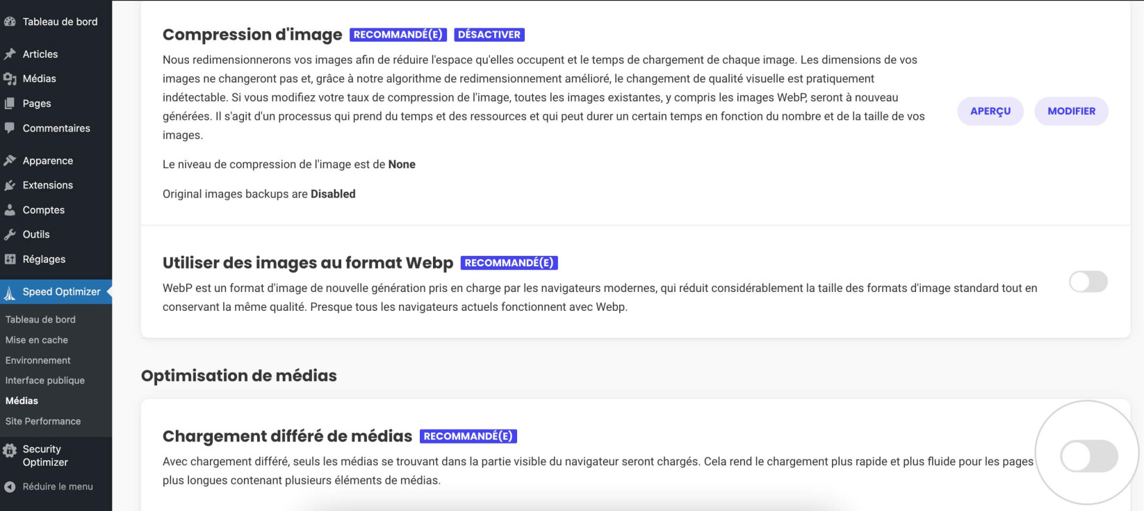 Capture d'écran des paramètres d'optimisation des médias de Speed Optimizer dans WordPress, avec une mise en évidence de l'option permettant d'activer le un chargement différé des médias.