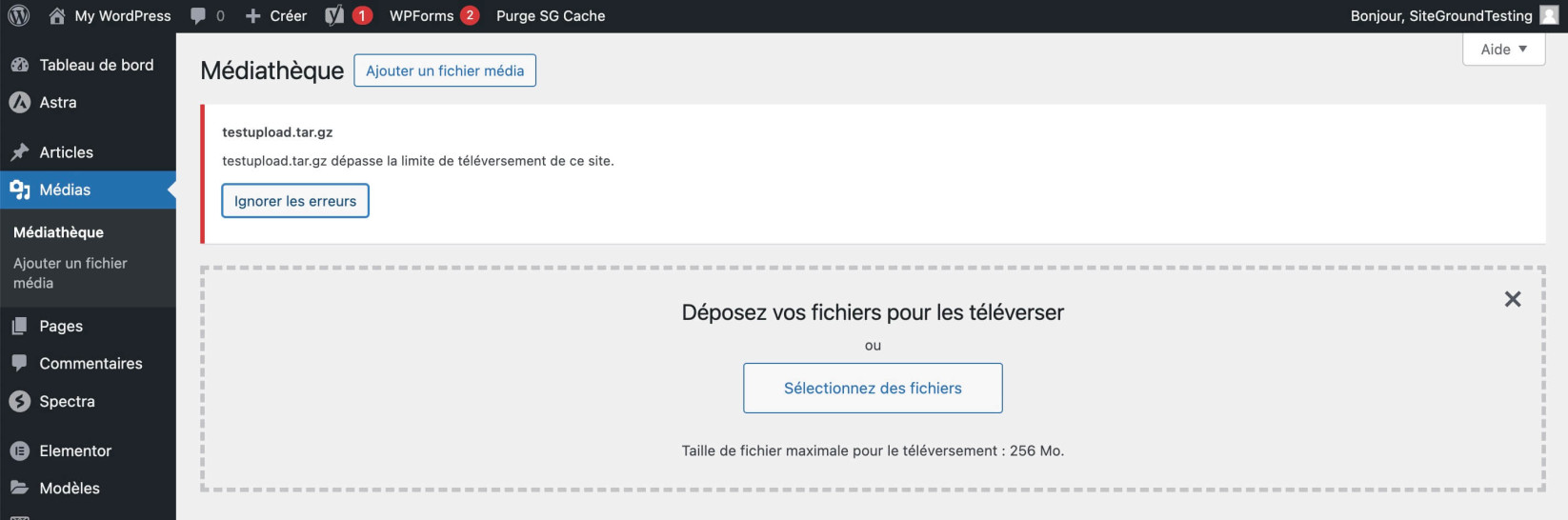 Capture d'écran de la médiathèque de WordPress, montrant l'erreur selon laquelle le fichier téléchargé dépasse la directive upload_max_filesize dans php.ini