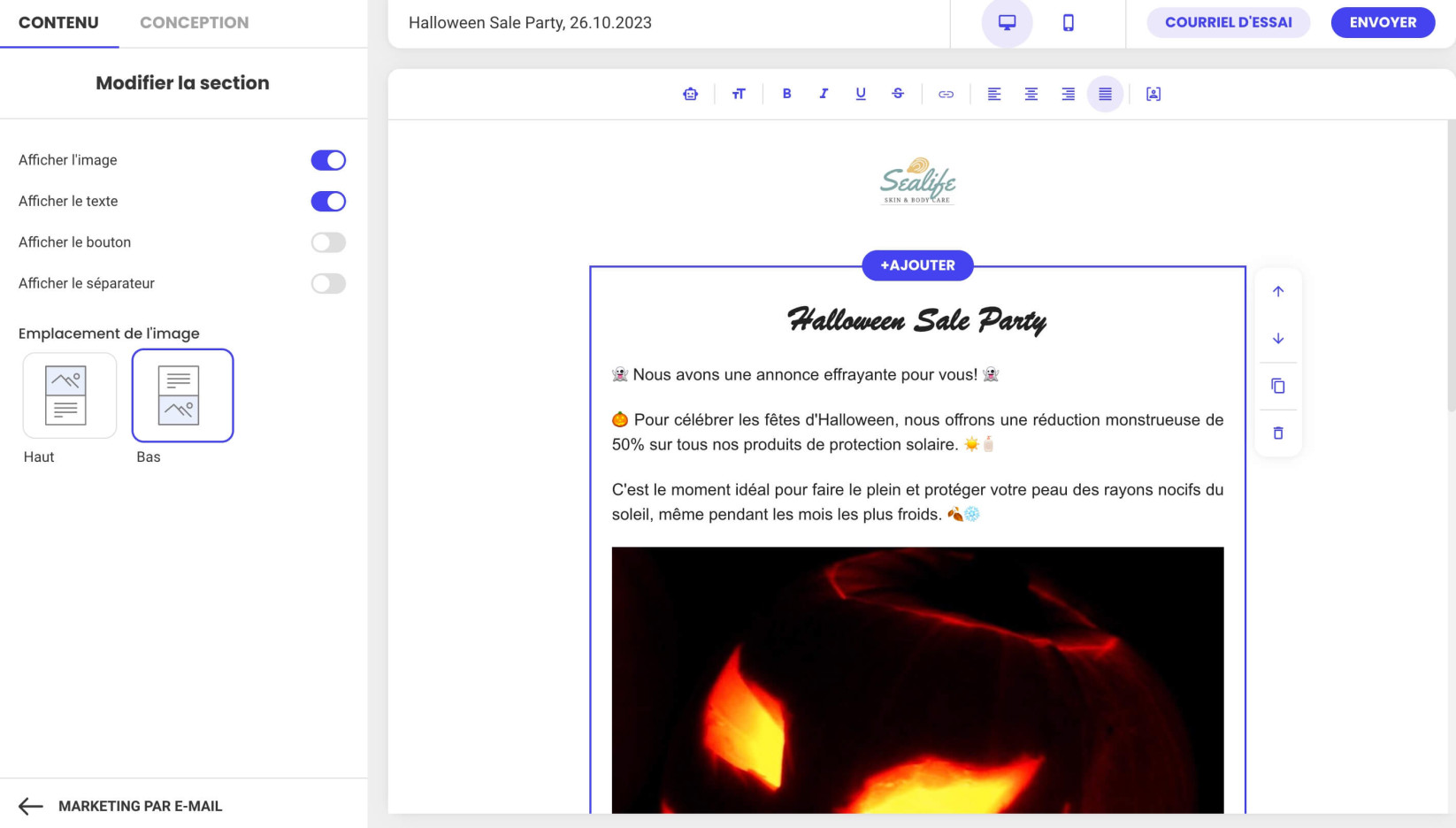Capture d’écran montrant le texte inséré généré par le générateur de texte Ai dans votre e-mail dans SiteGround Email Marketing