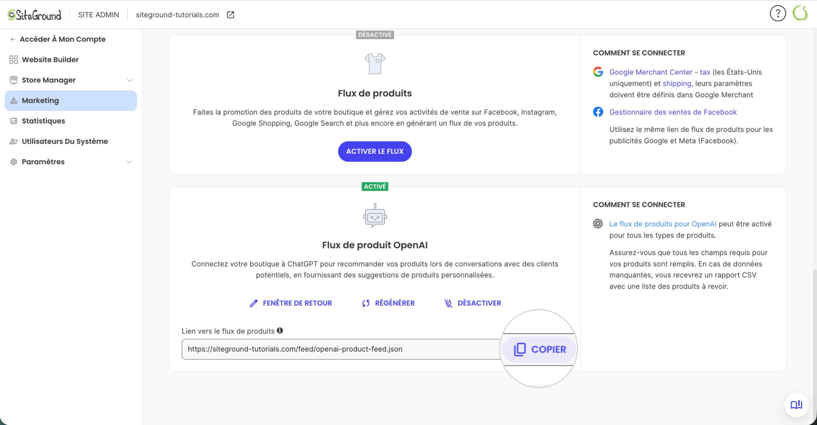 Section Marketing dans Site Admin d'un site Ecommerce affichant une adresse URL Flux de produit OpenAI mise en évidence et un bouton Copier à côté