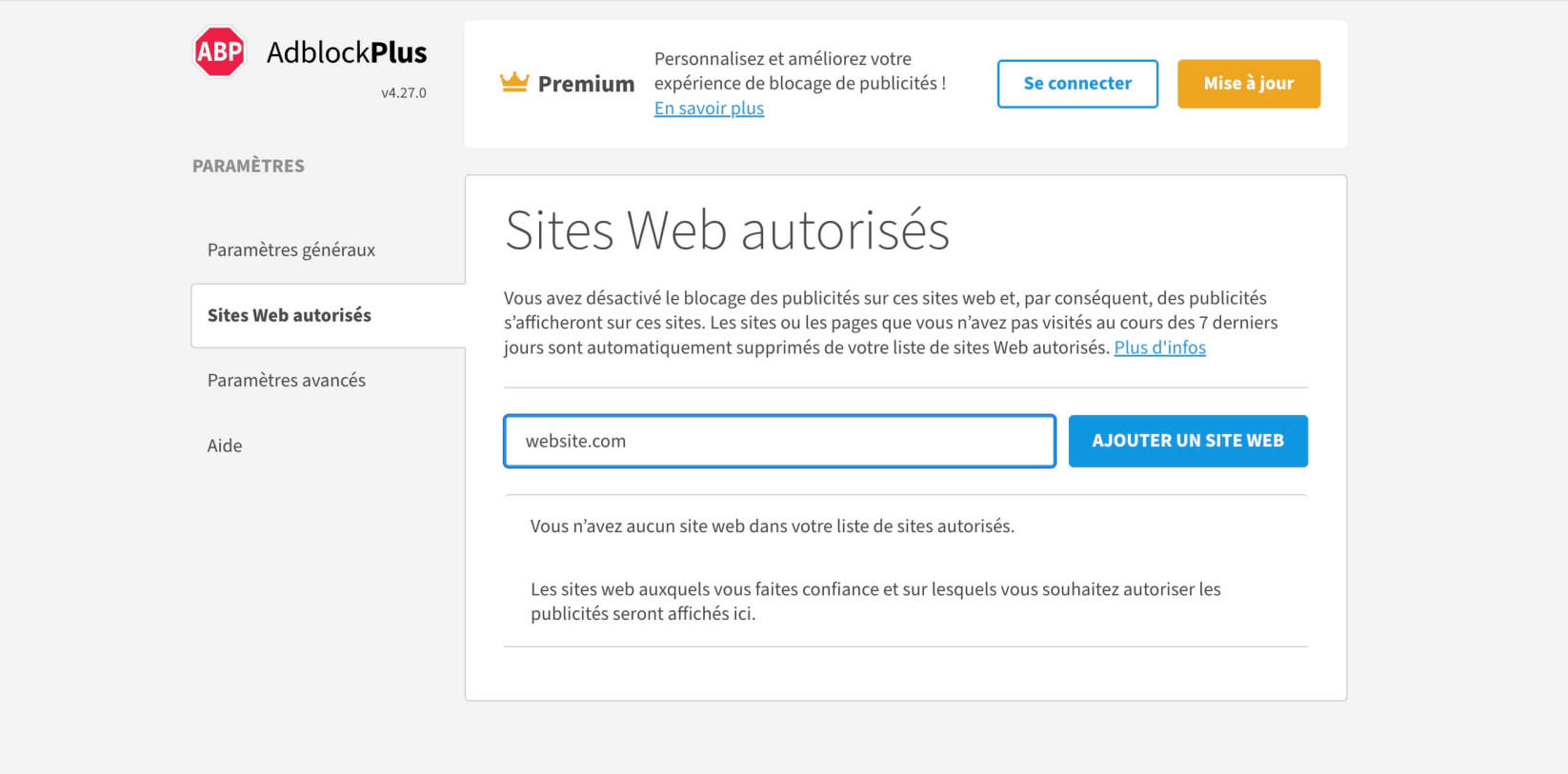 Panneau de contrôle d'Adblock Plus dans Chrome affichant l'option pour mettre des sites web en liste blanche. 
