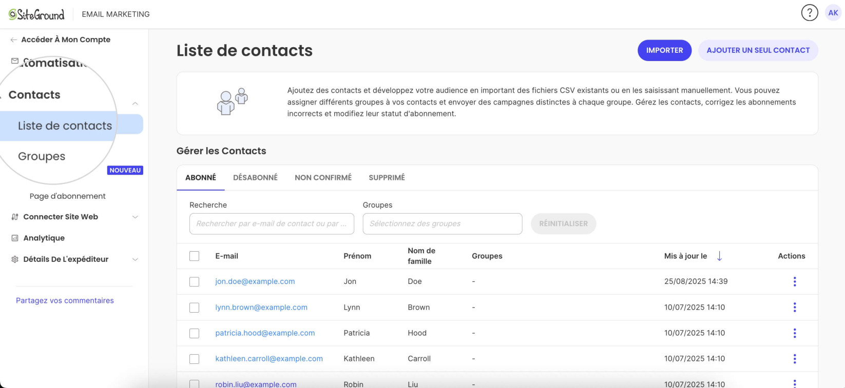Interface Email Marketing affichant la section Liste de contacts, avec la navigation latérale et les contacts abonnés visibles.