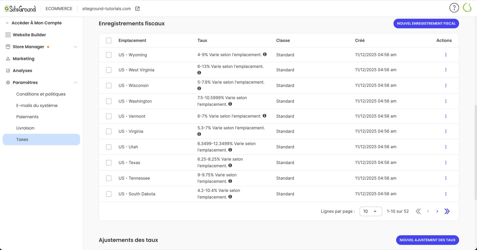 Tableau des enregistrements fiscaux dans SiteGround Ecommerce avec emplacement, taux, type et actions.