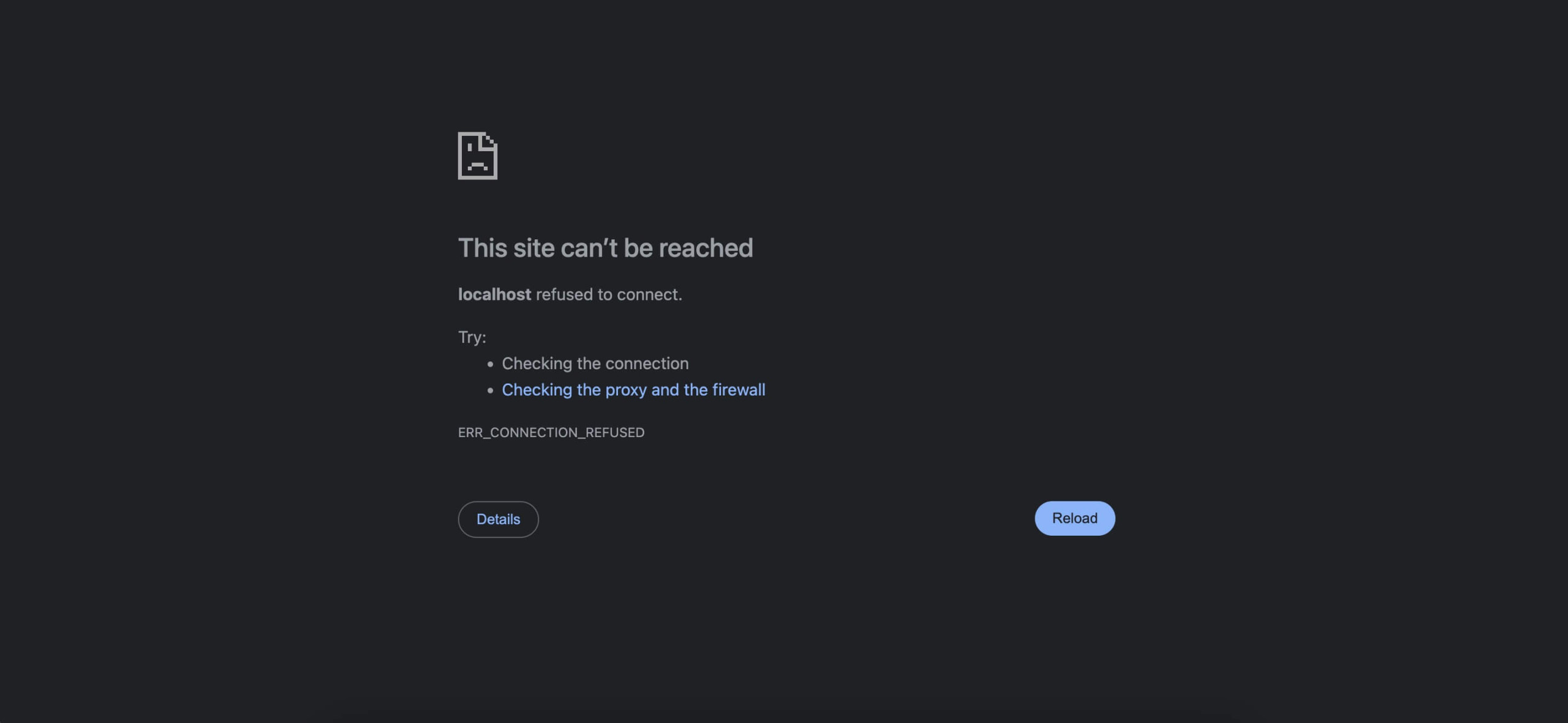 Google Chrome affichant le message d’erreur « localhost a refusé la connexion » avec ERR_CONNECTION_REFUSED, suggérant de vérifier les paramètres de proxy et de pare-feu.