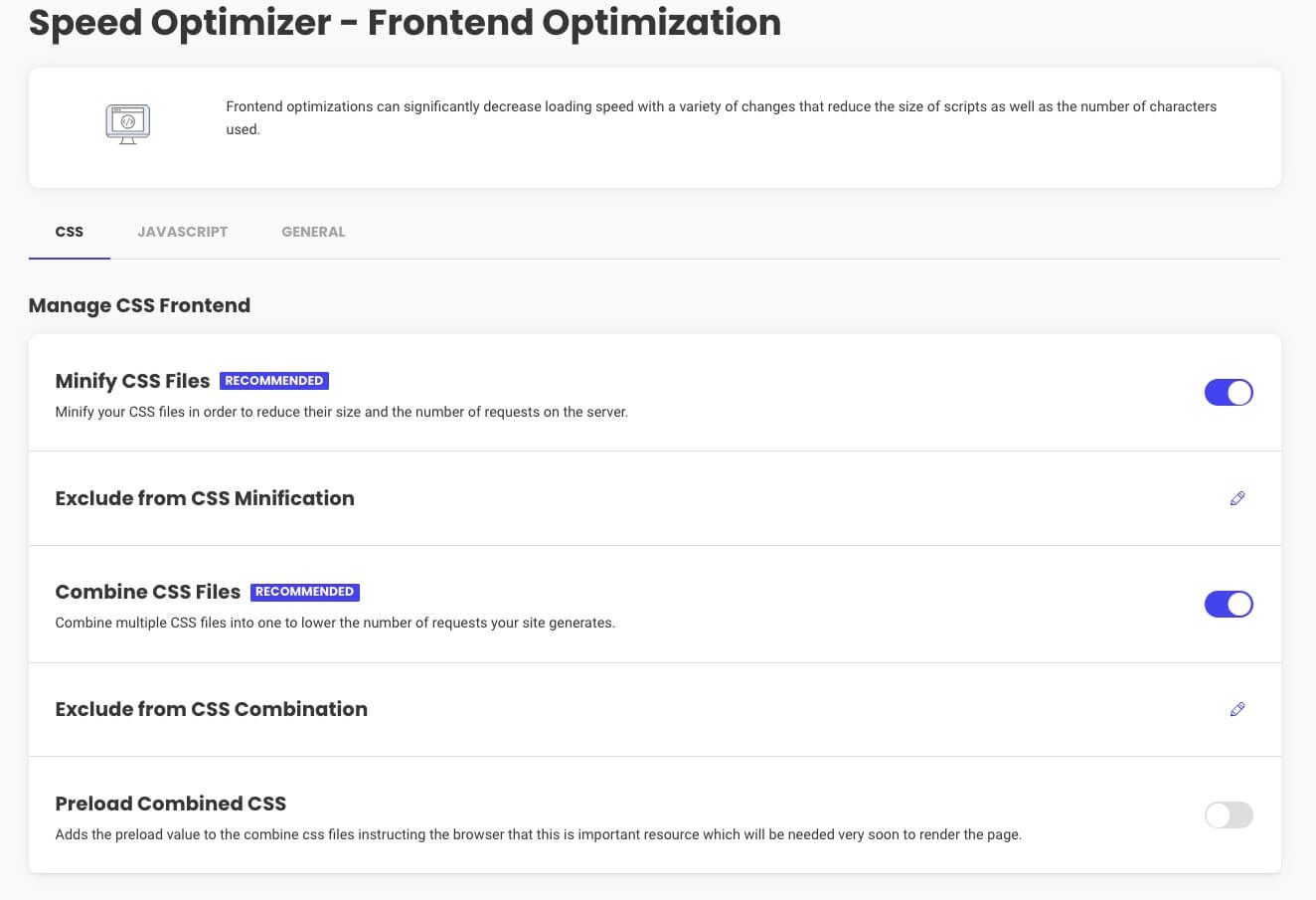 Capture d'écran montrant les options CSS et JavaScript Minify et Combine du plugin SiteGround Speed Optimizer