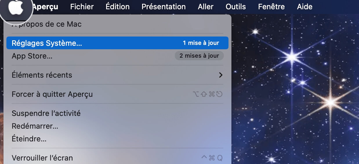 Capture d'écran du menu Paramètres système Mac pour vérifier les mises à jour disponibles afin de corriger l'erreur ERR_BAD_SSL_CLIENT_AUTH_CERT