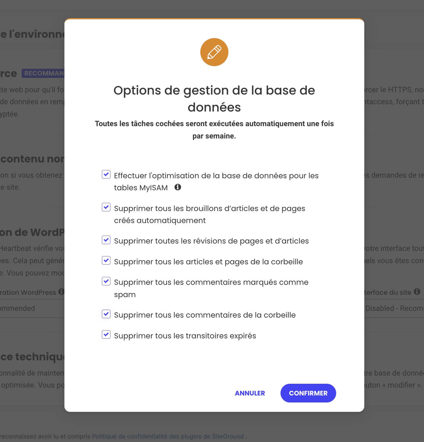 Options de maintenance de la base de données dans Speed Optimizer