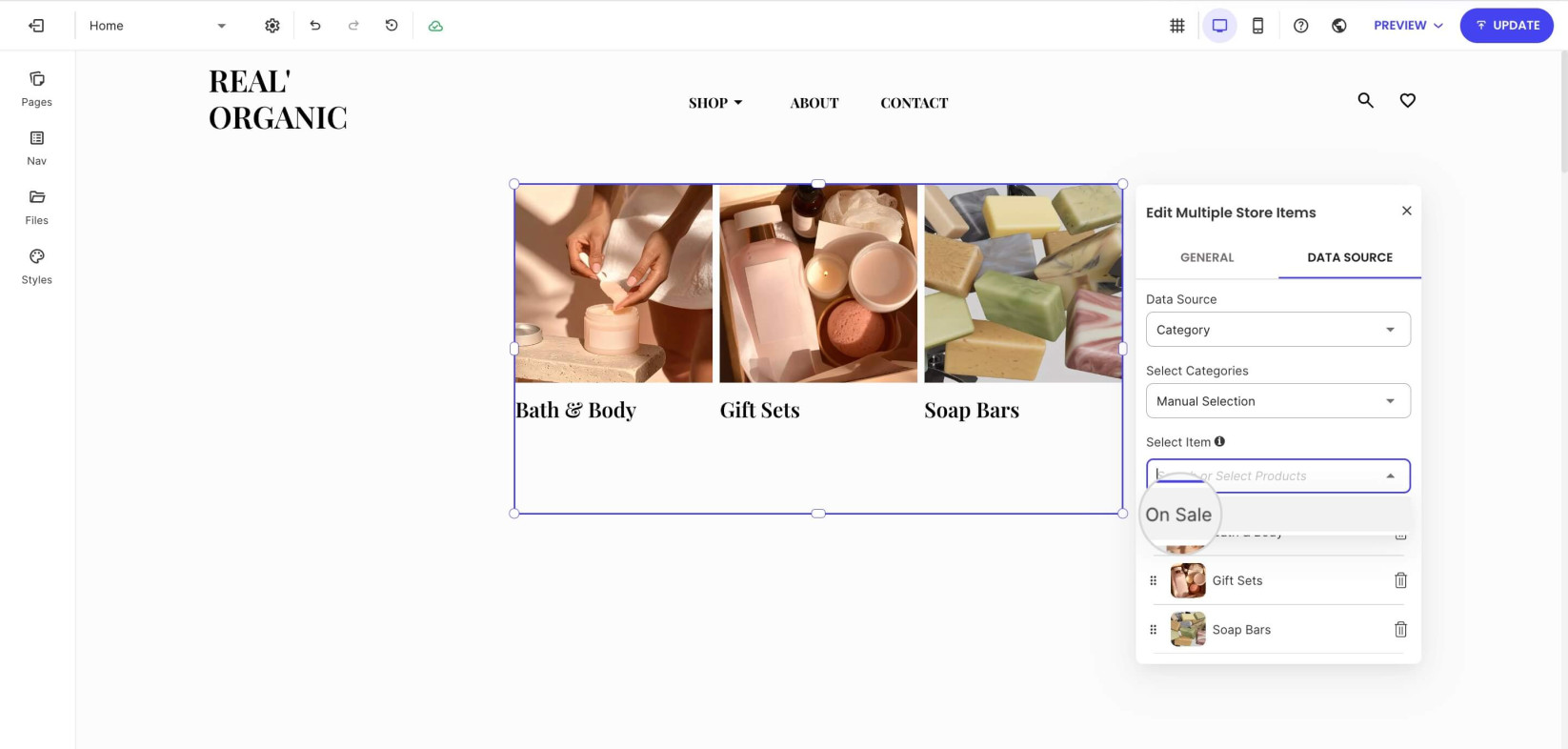 Multiple Items component displaying the Select Category menu where you can select which categories are displayed