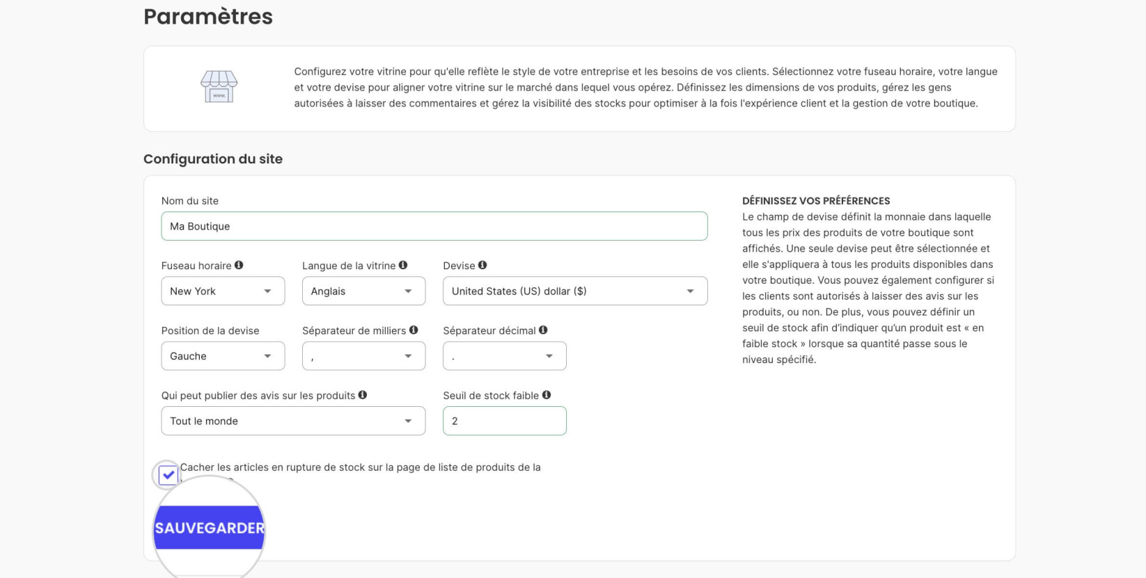 Option activée Cacher les articles en rupture de stock sur la page de liste de produits de la boutique"