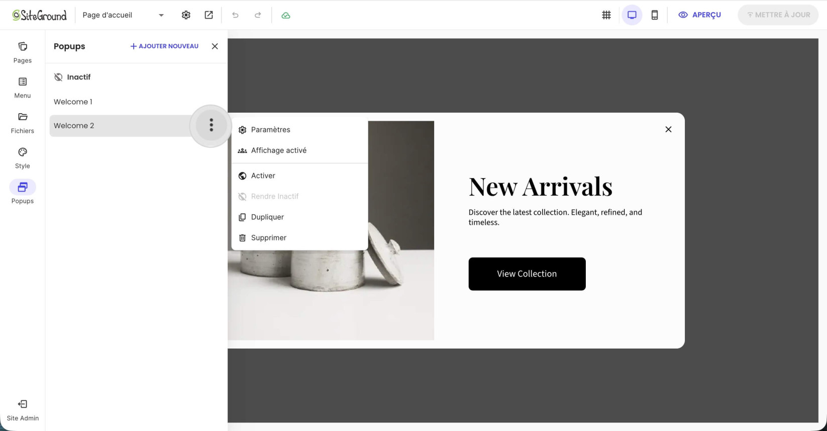 Le menu d'actions à trois points affiché lorsque vous survolez un popup
