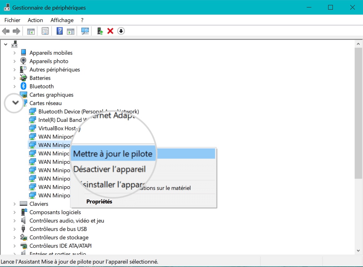 Sélection de l’option de mise à jour du pilote dans la liste déroulante de Windows.