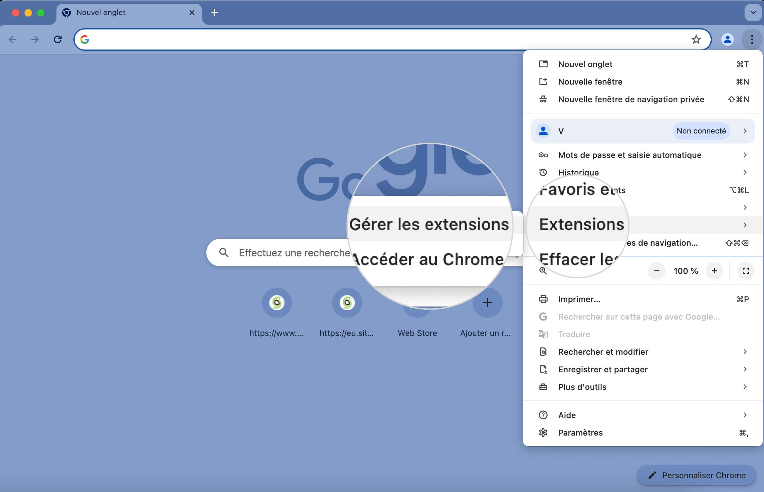 Capture d’écran de l’option Extensions du menu Paramètres dans le navigateur Chrome désactivant les extensions lors d’une tentative de correction de l’erreur http 400