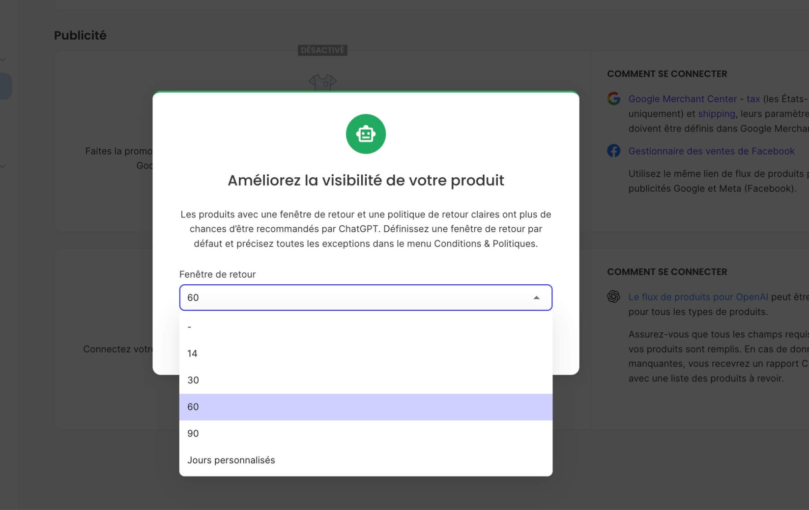 Écran de confirmation pour l'activation du OpenAI Product Feed avec un menu déroulant Return window étendu où vous pouvez choisir le nombre de jours pour la fenêtre de retour
