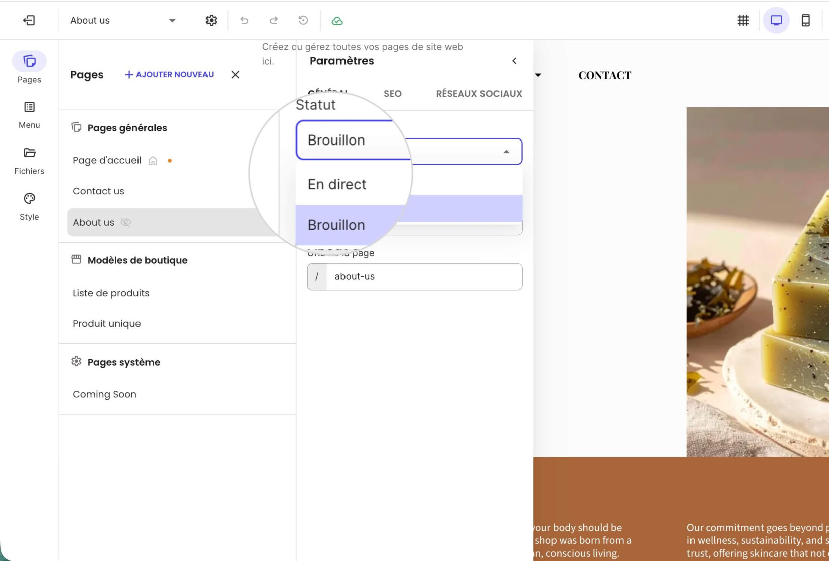 Statut de la page Brouillon pour désactiver une page dans le Website Builder