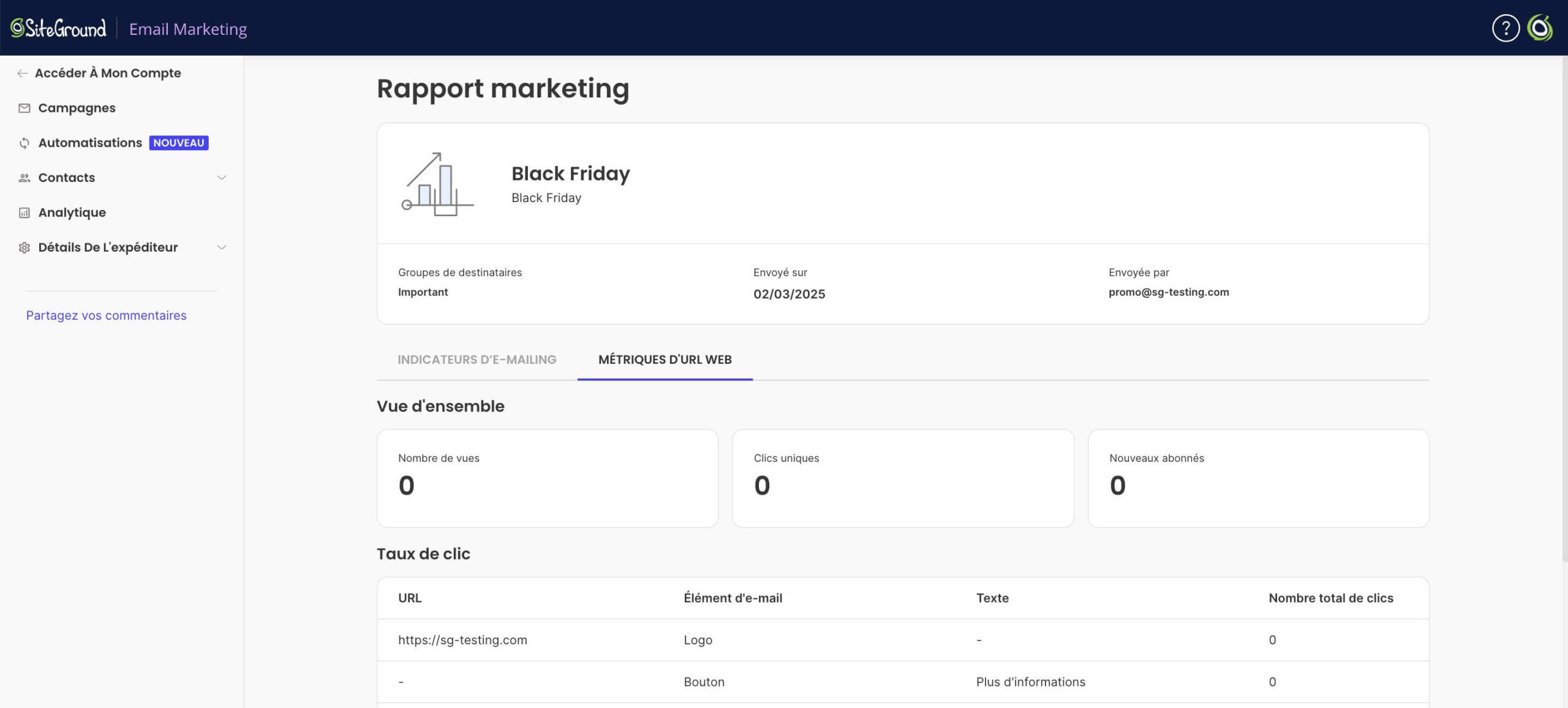 Statistiques de la page de version web dans SiteGround Email Marketing 