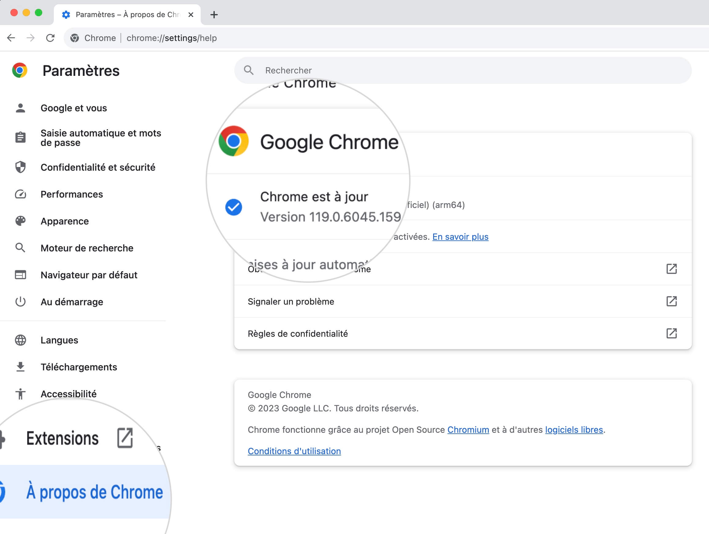 Afficher les mises à jour de Chrome à partir de la page À propos de Chrome